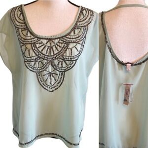 Vintage Decree Art Deco Light Mint Green Sheer Top with Sequins Size Medium